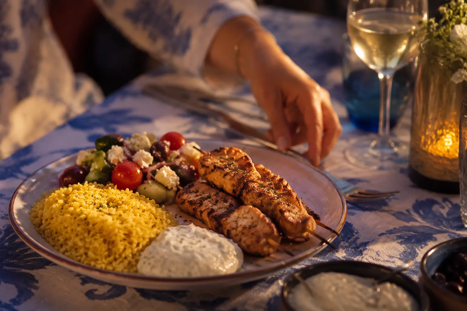 Greek rice served with chicken souvlaki, tzatziki, and Greek salad