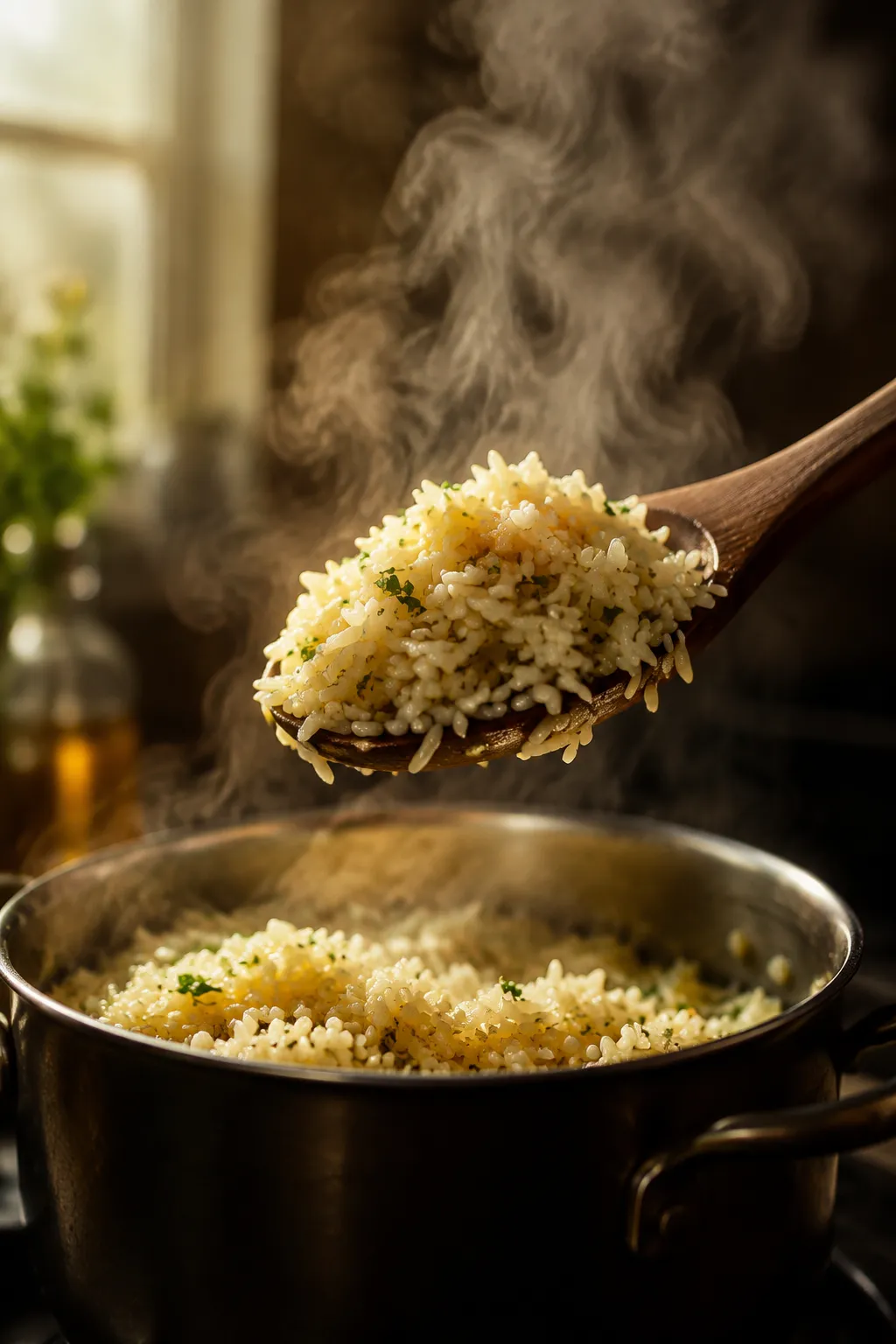 Wooden spoon lifting fluffy greek rice grains showing perfect texture
