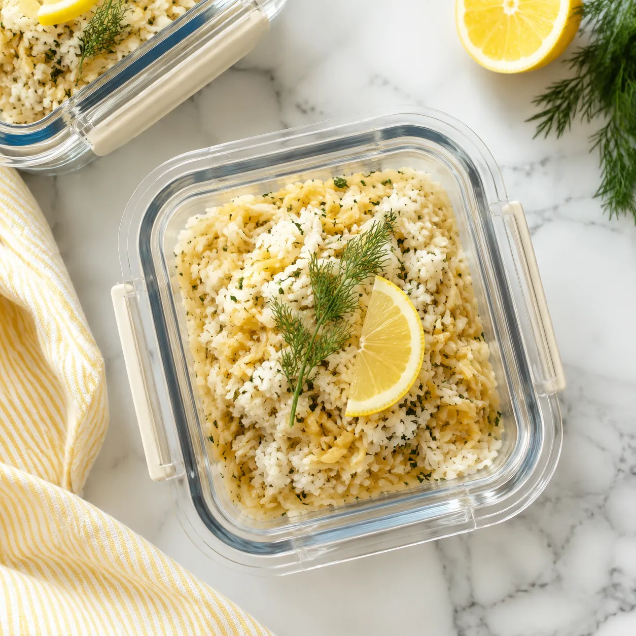 Leftover greek rice stored in a glass meal prep container with lemon