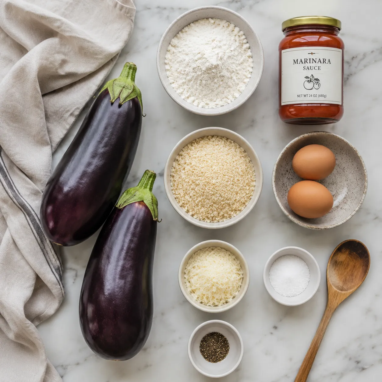 Ingredients flatlay for fried eggplant recipe with breadcrumbs and parmesan