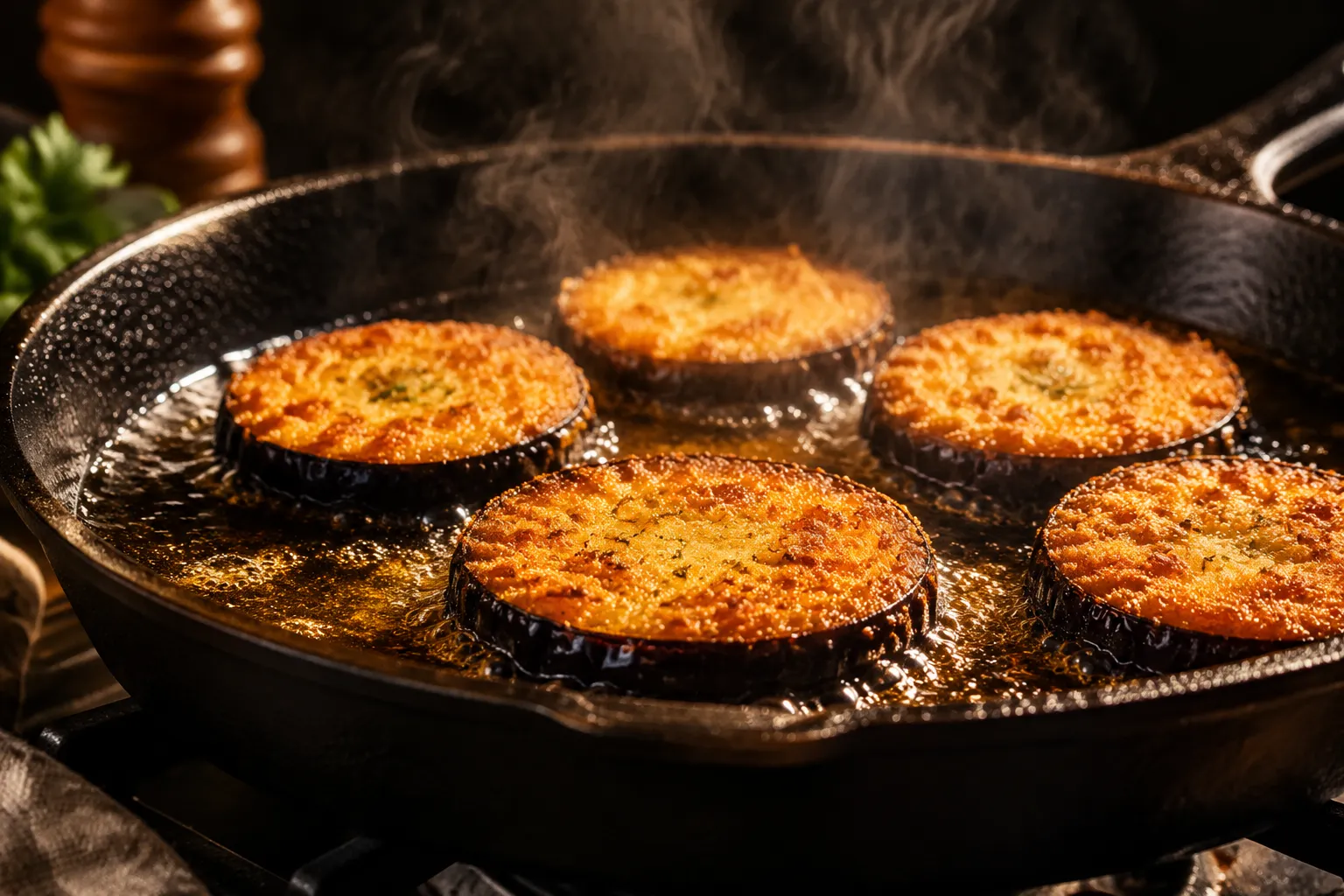 Eggplant frying in cast iron skillet for fried eggplant recipes