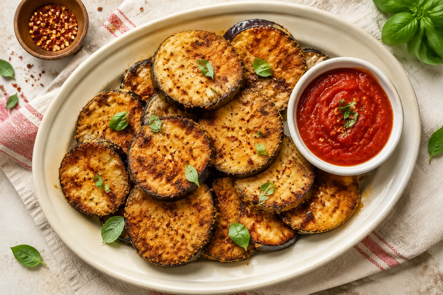 Plated crispy fried eggplant recipe with marinara sauce