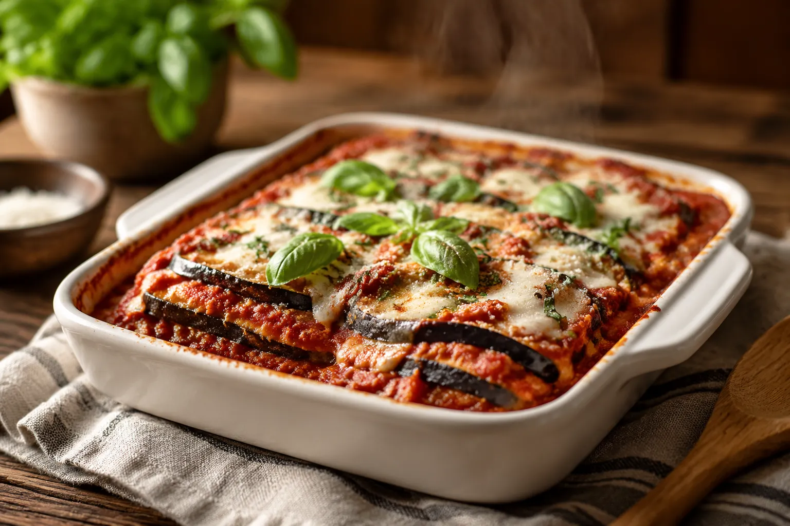 Vegan eggplant recipes: bubbly vegan eggplant parmesan in baking dish