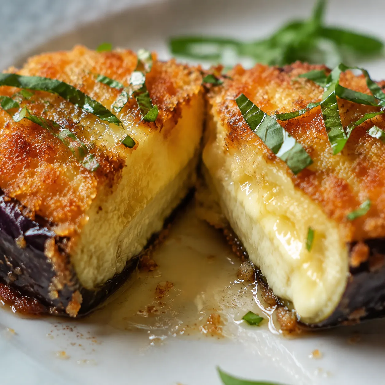 Macro close-up of crispy fried eggplant interior texture