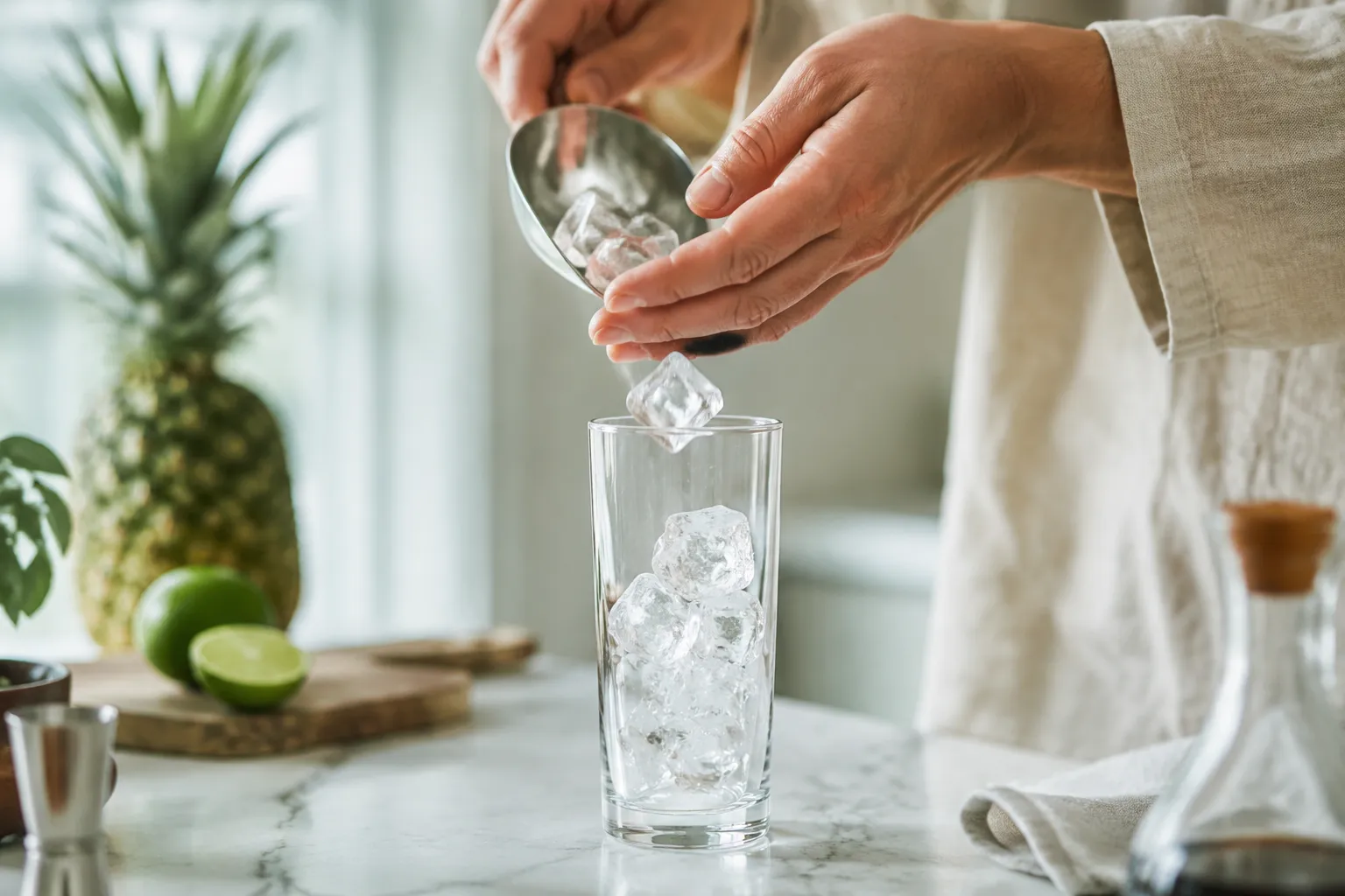 Filling a highball glass with ice for a bay breeze drink