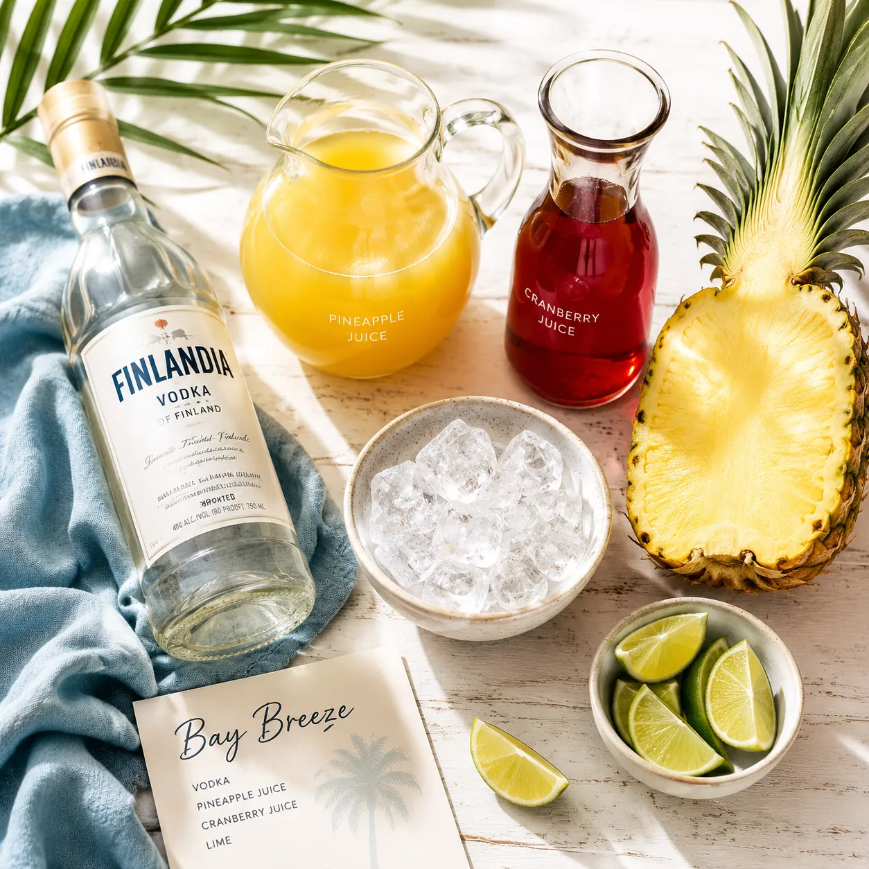 Bay breeze cocktail ingredients flatlay with vodka, pineapple juice, and cranberry juice