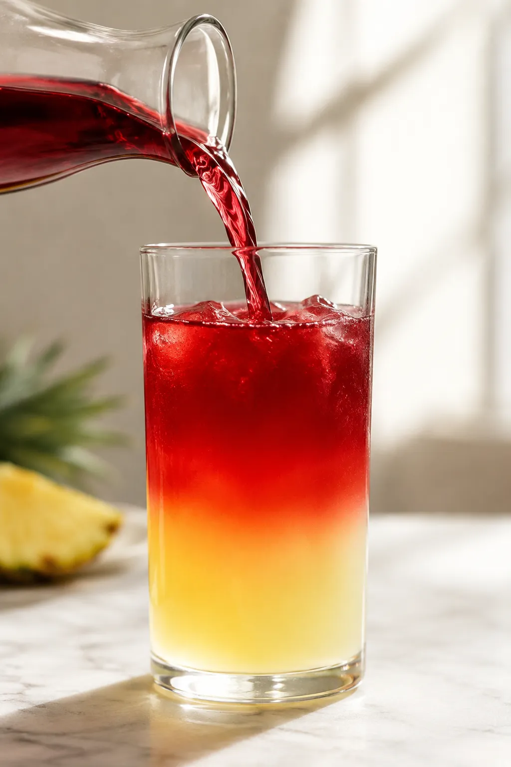 Pouring cranberry juice to layer a bay breeze cocktail drink