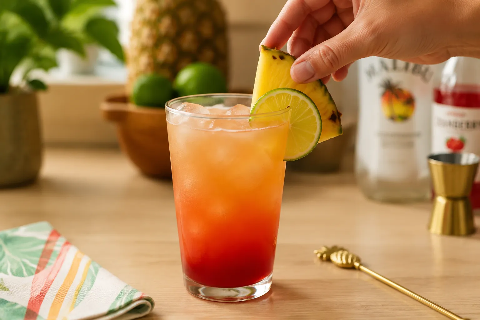 Garnishing a bay breeze drink with pineapple and lime