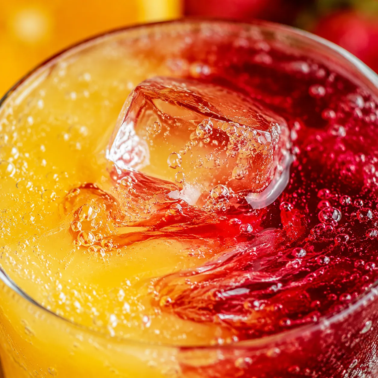 Close-up of bay breeze drink layers swirling around ice