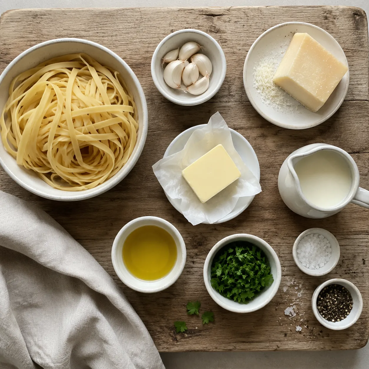 Pasta suppers ingredients flatlay with fettuccine, garlic, parmesan, and cream