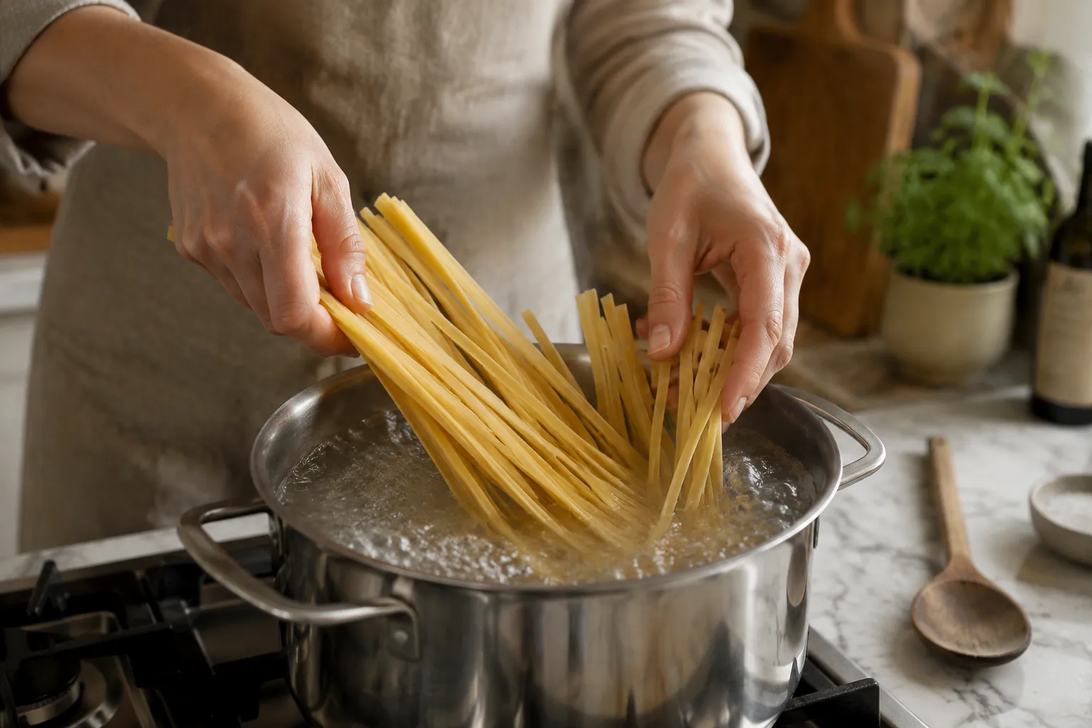 Cooking fettuccine pasta in salted boiling water for an easy pasta supper