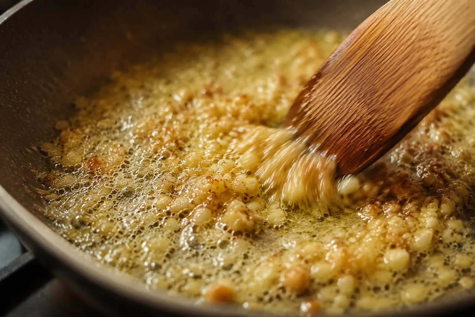 Garlic sizzling in butter for creamy parmesan pasta supper