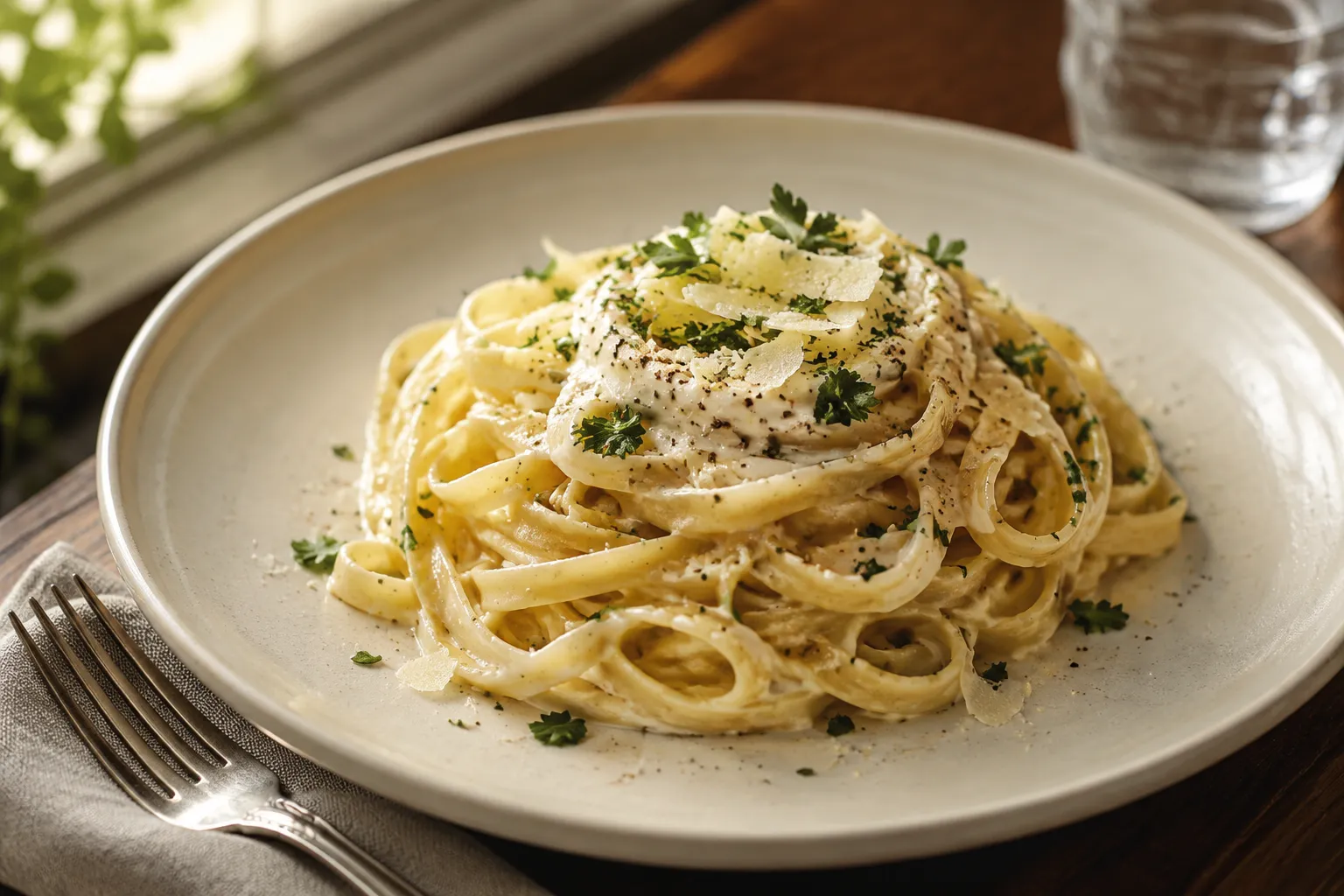 Plated creamy garlic parmesan pasta supper ready to serve