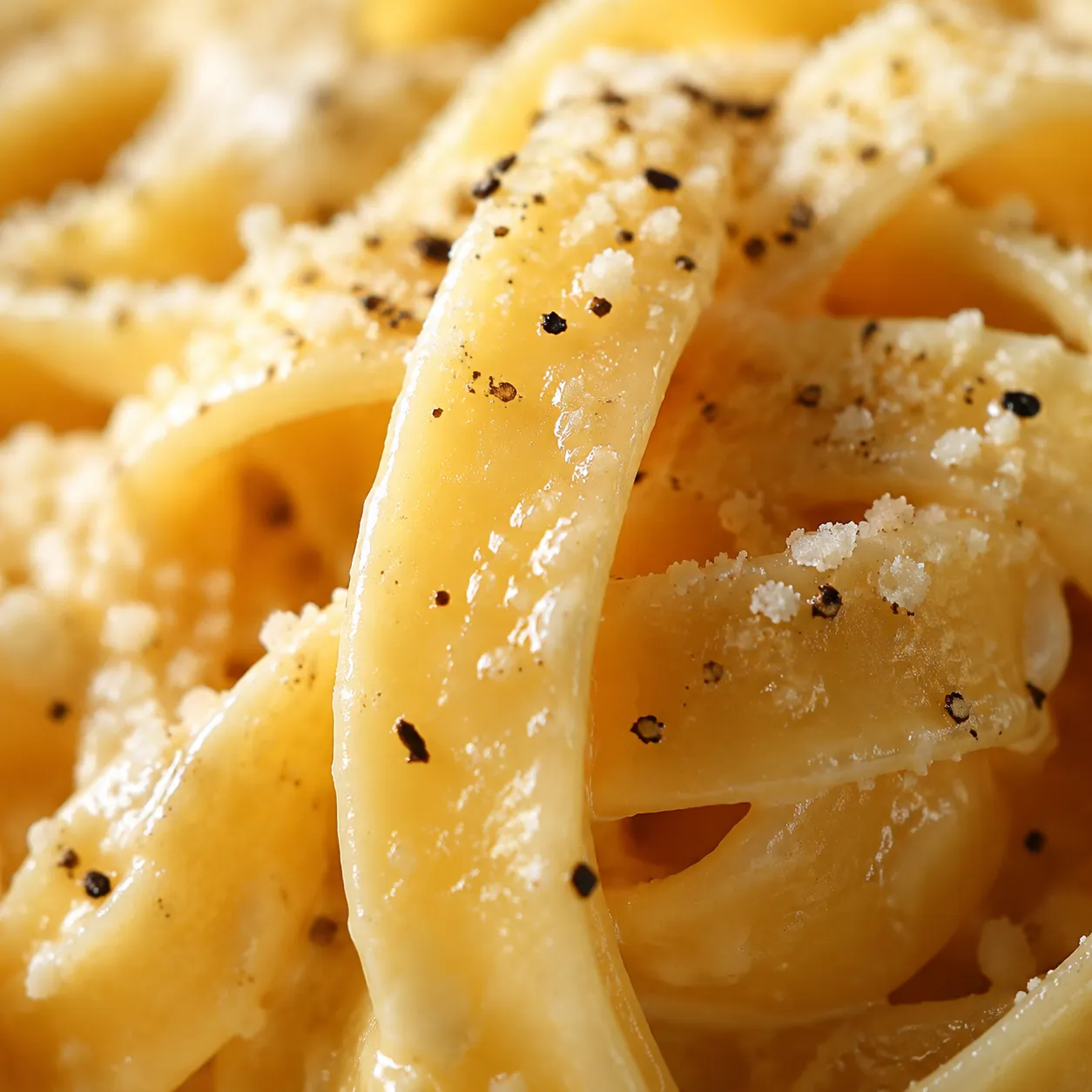 Close-up of creamy pasta strands with parmesan for an easy pasta supper