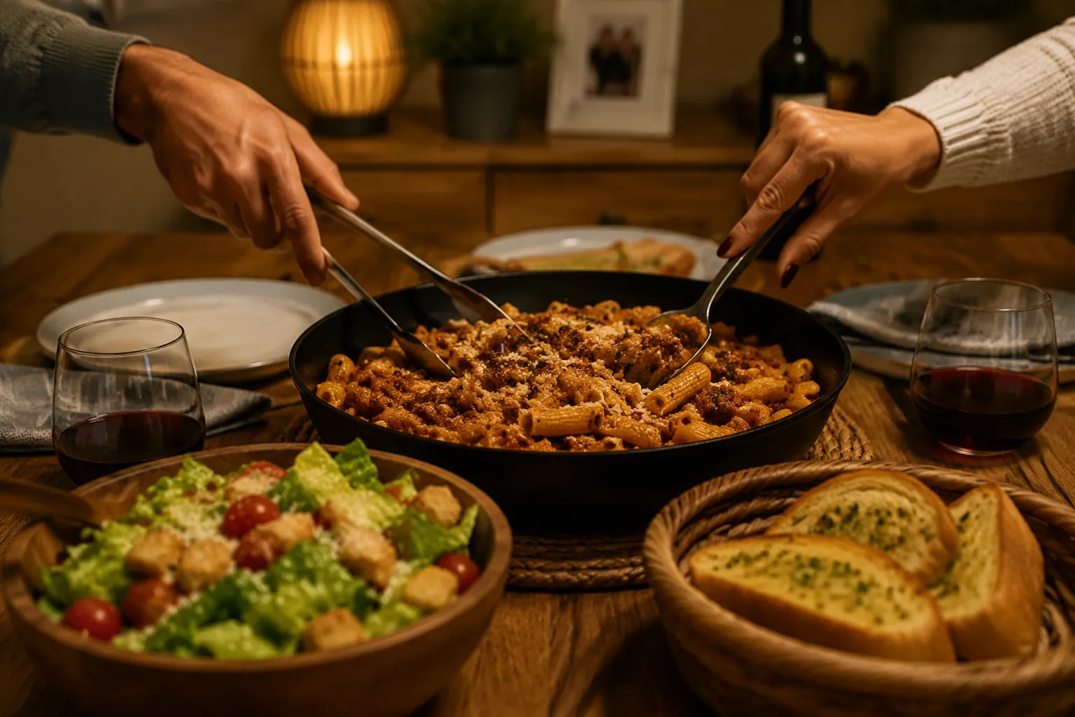 Family-style pasta supper served from a skillet on the dinner table