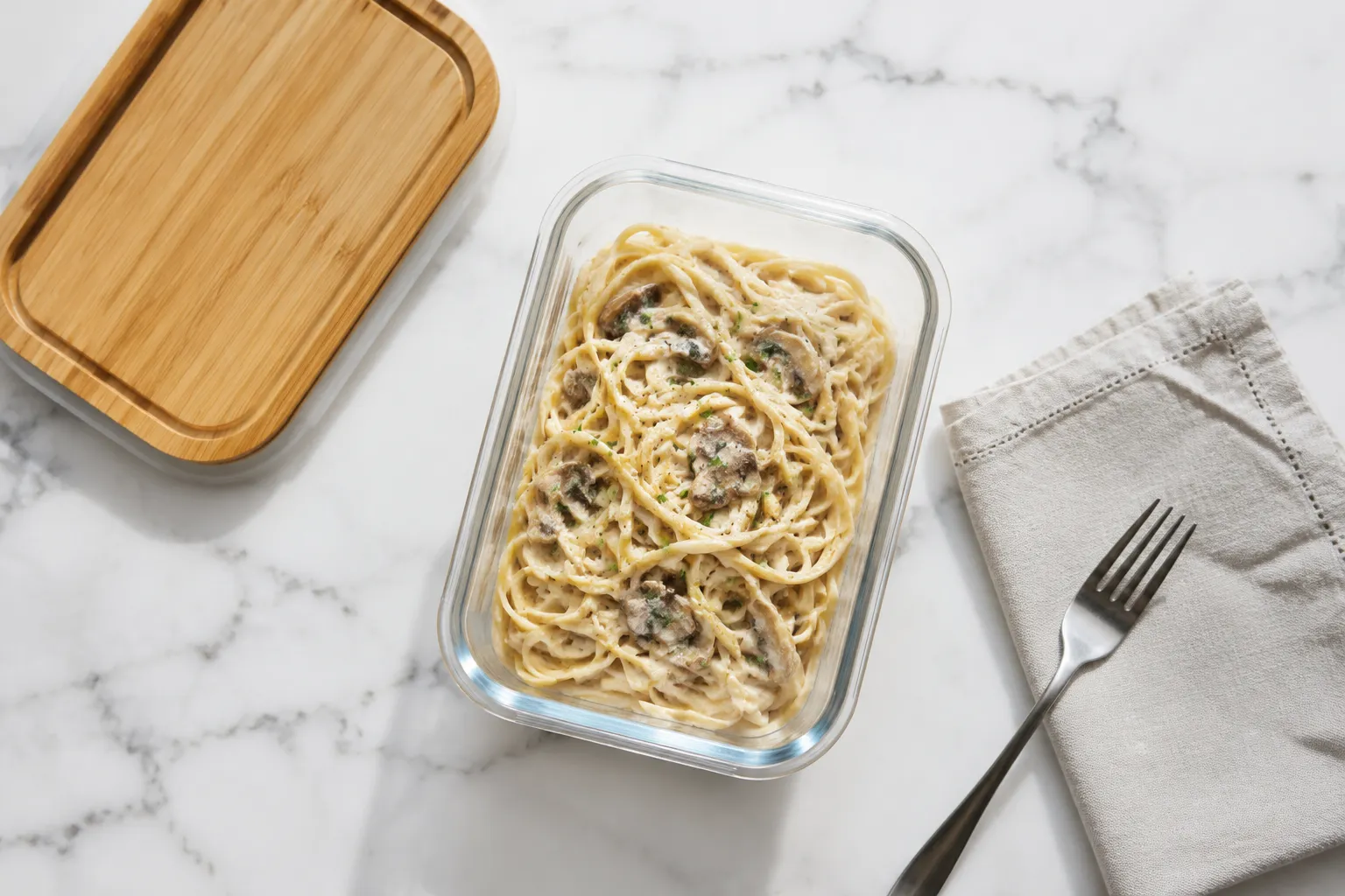 Storing leftover pasta supper in a glass meal-prep container