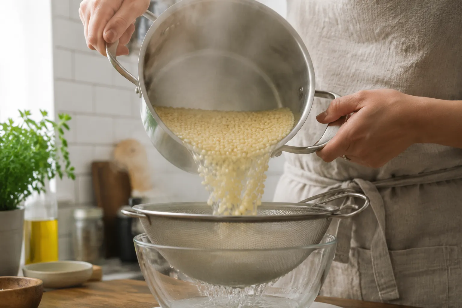 Cooked acini di pepe pasta being drained for frogeye salad