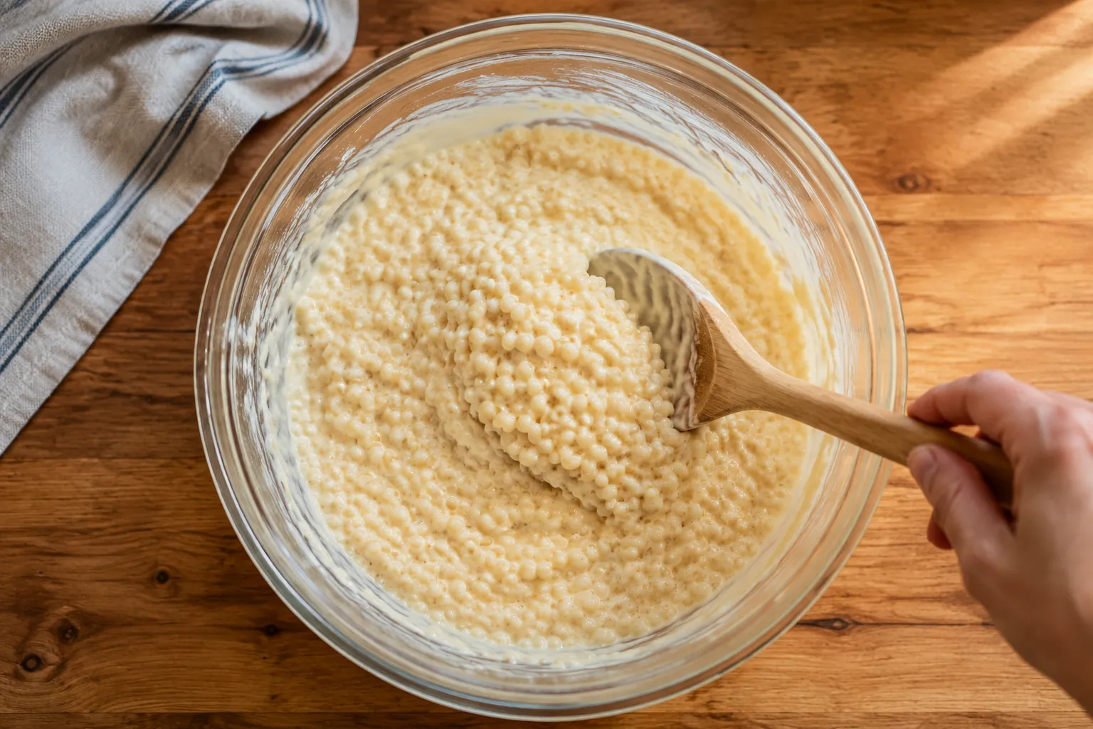 Stirring custard into acini di pepe pasta for frog eye salad