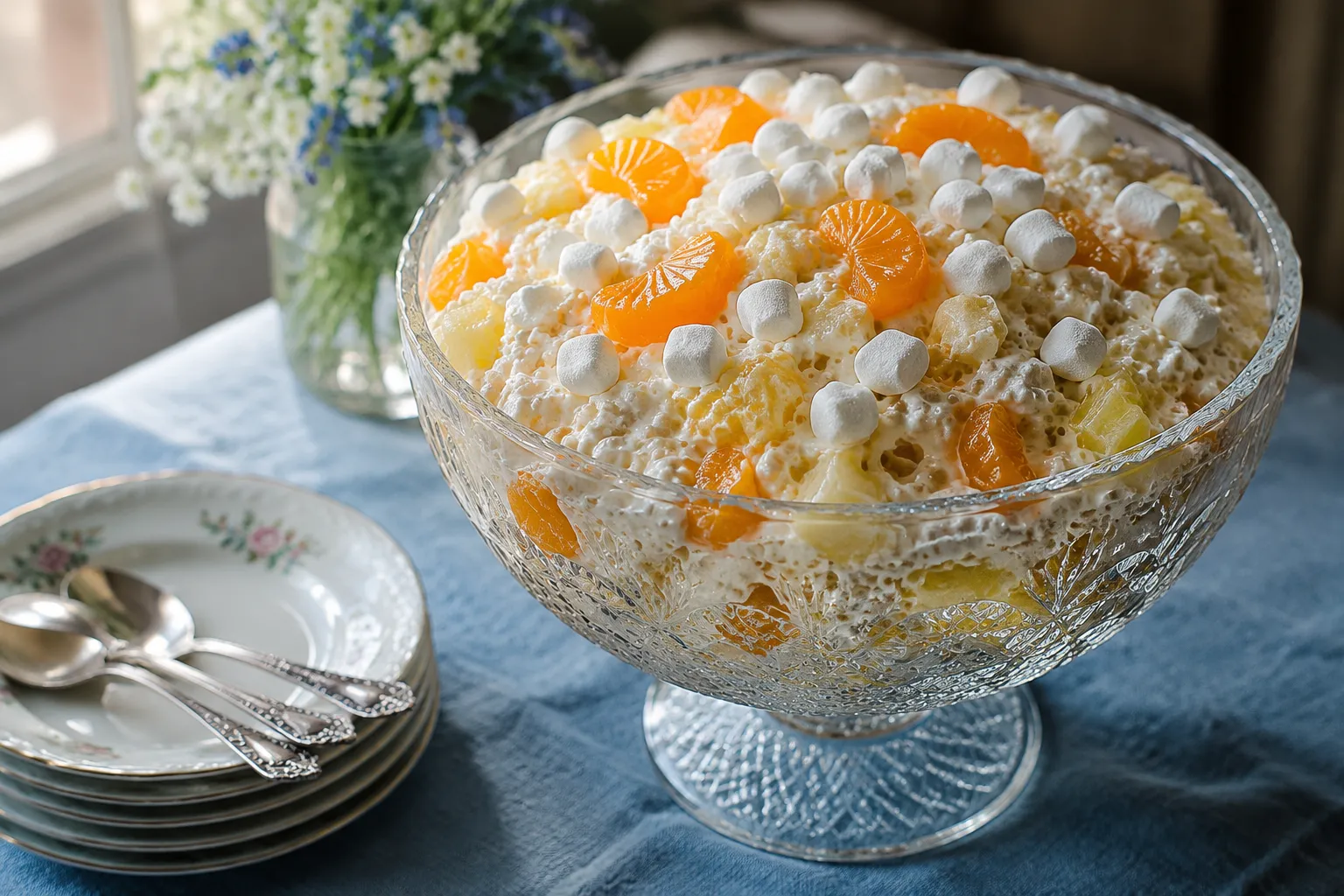 Finished frog eye salad in a glass trifle bowl