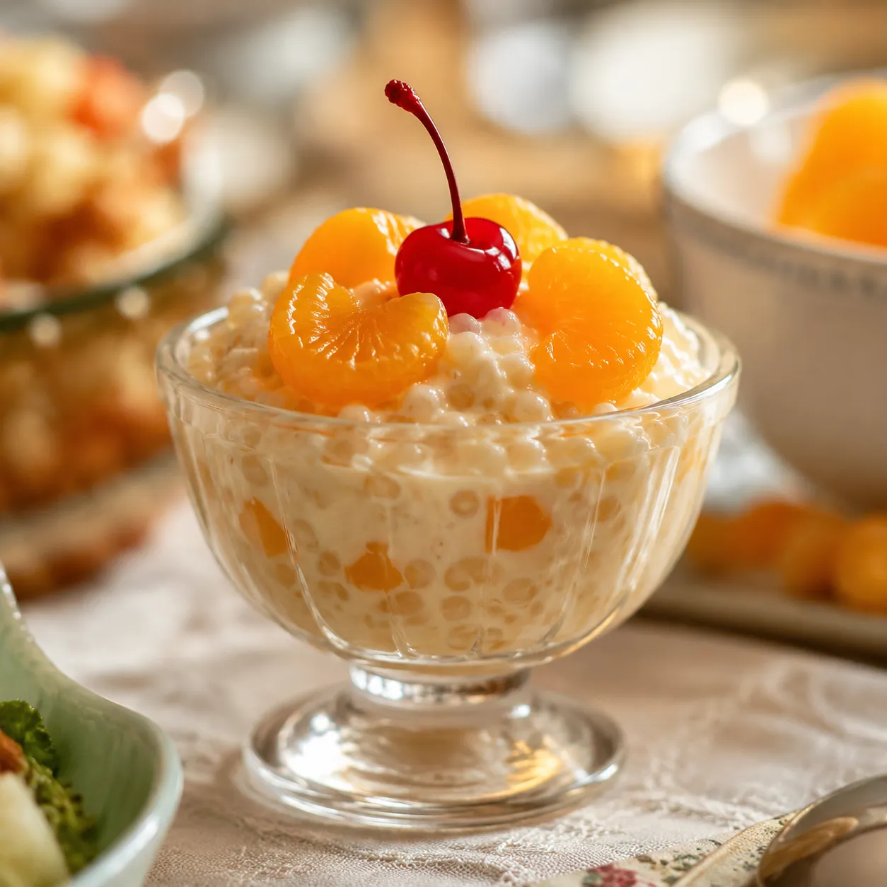 Single serving of frog eye salad recipe in a dessert cup
