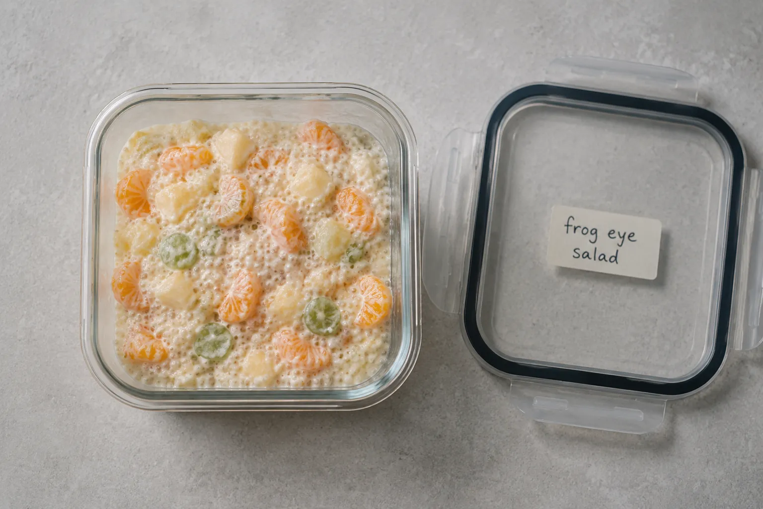 Storing leftover frog eye salad in a glass container in the fridge