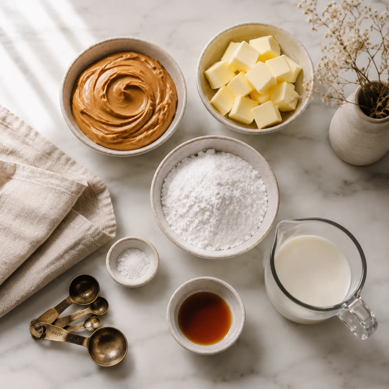 Peanut butter frosting ingredients flat lay with peanut butter, butter, and powdered sugar