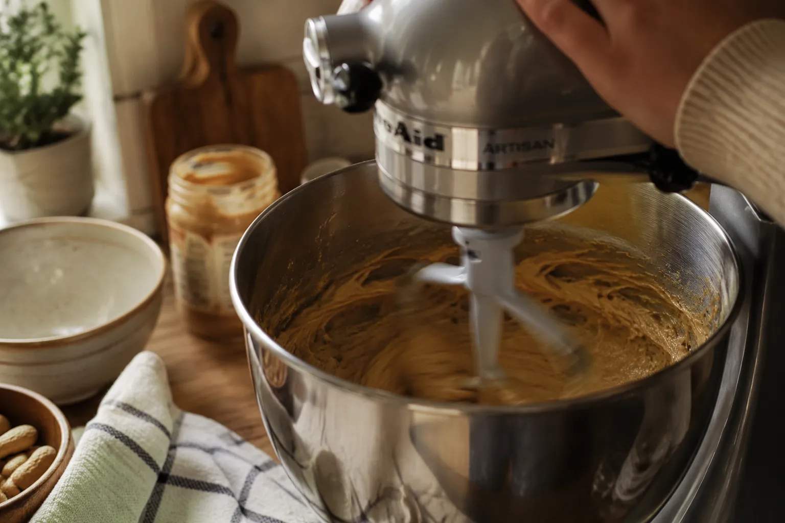 Creaming butter and peanut butter in a stand mixer for peanut butter frosting