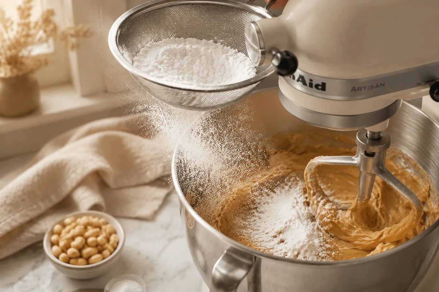 Sifting powdered sugar into peanut butter frosting in a mixing bowl