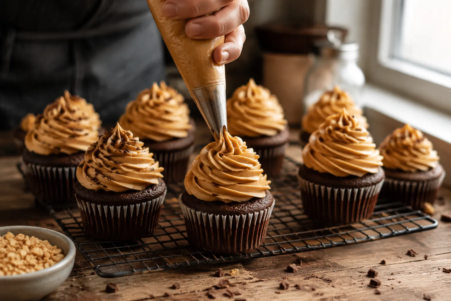 Piping peanut butter frosting onto chocolate cupcakes on a wire rack