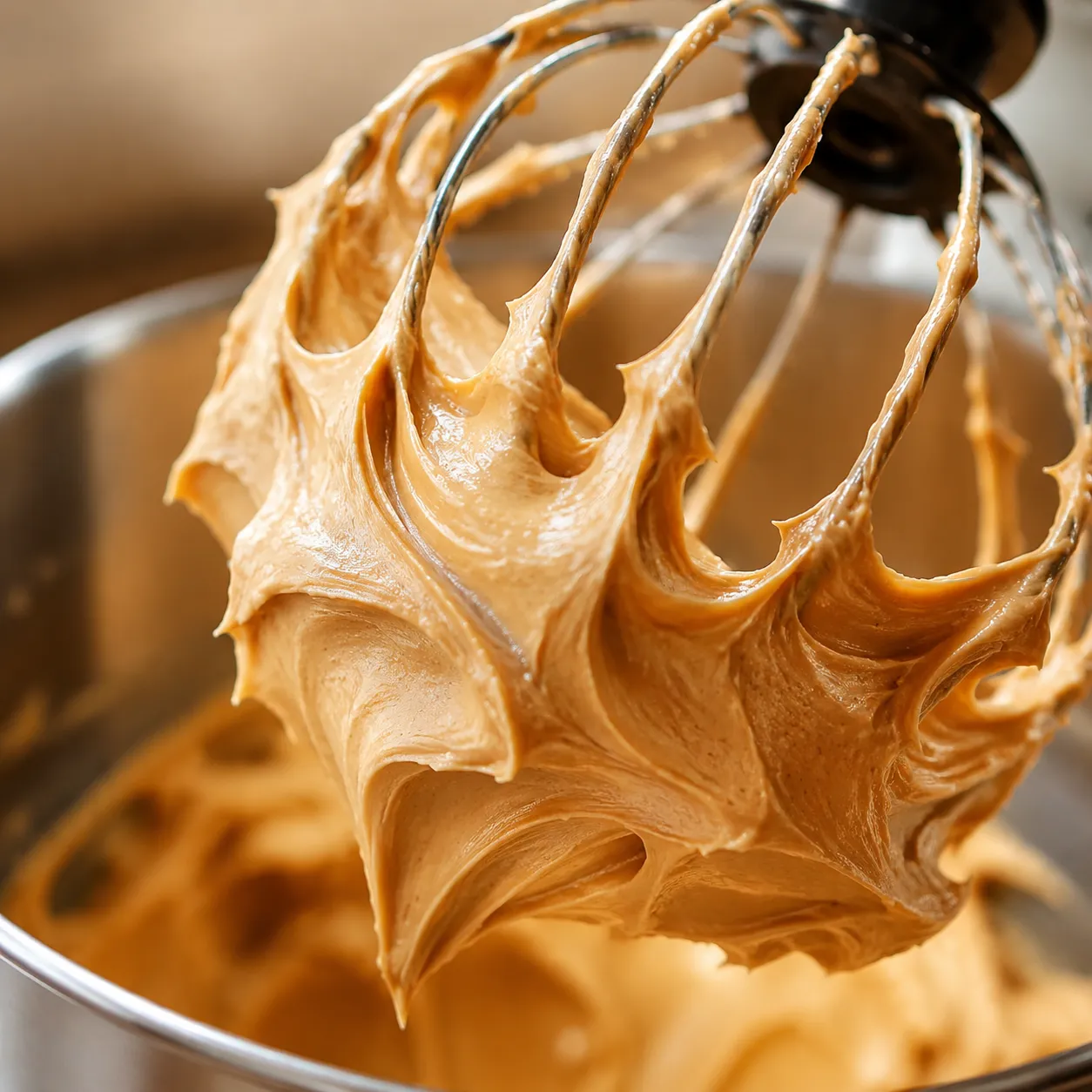 Fluffy peanut butter frosting on a whisk showing soft peaks