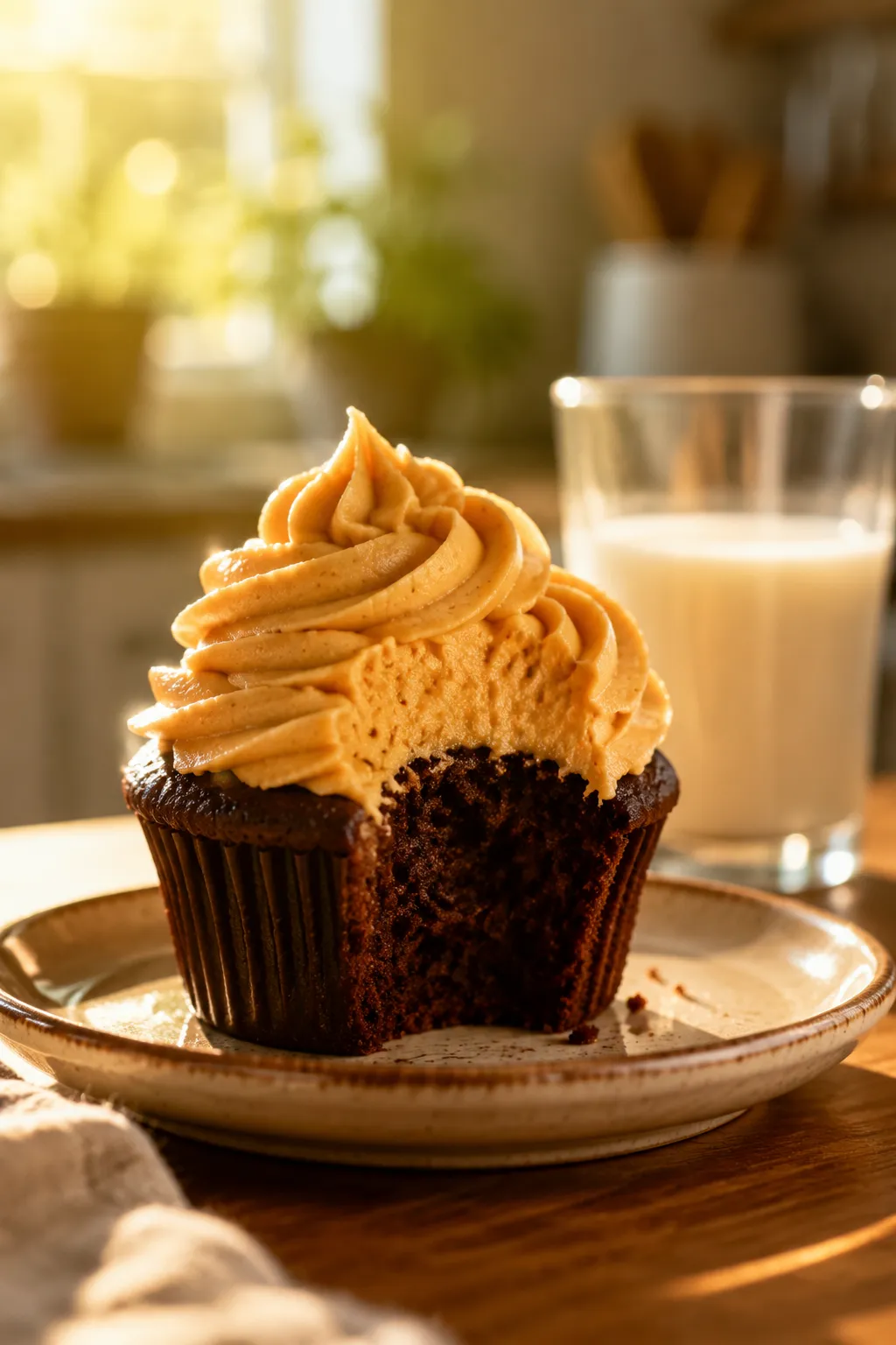 Chocolate cupcake with fluffy peanut butter frosting bite shot