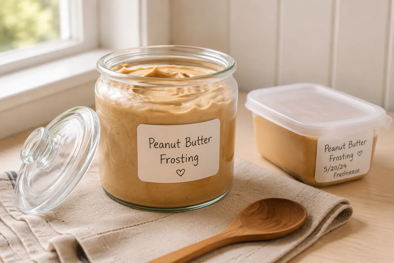 Peanut butter frosting stored in a glass jar for refrigeration or freezing