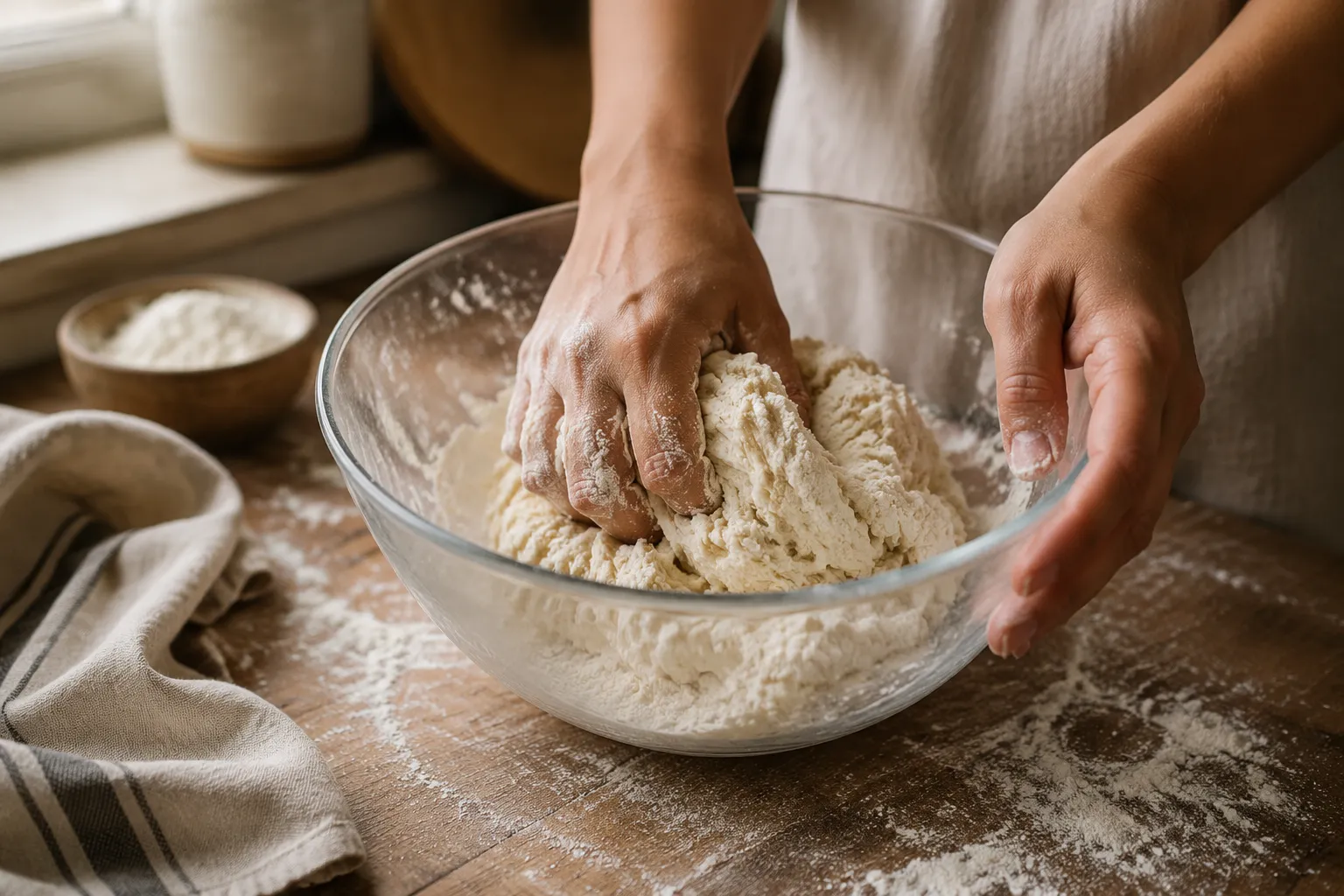 Hands kneading homemade flatbread dough in a glass mixing bowl