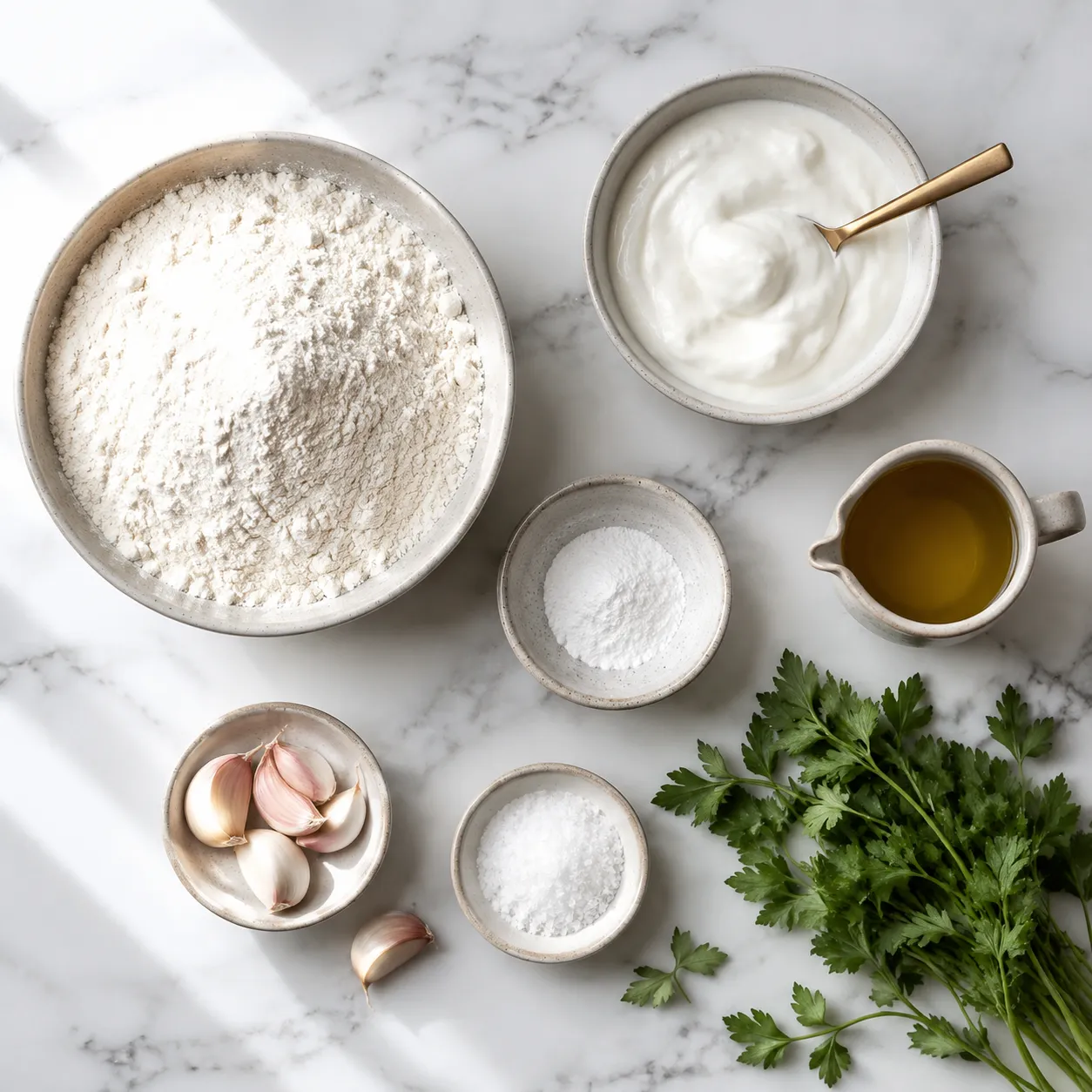 Flatbread ingredients flatlay with flour, Greek yogurt, garlic, and parsley