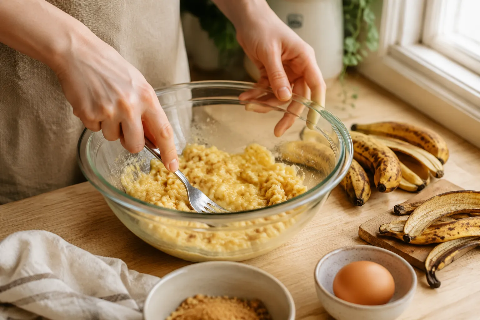 Mashing ripe bananas for homemade banana muffins