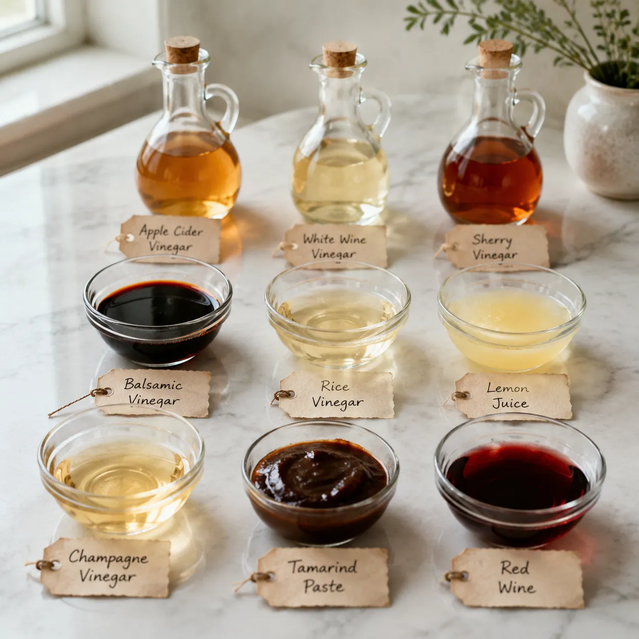 Ingredients flatlay of red wine vinegar substitutes in small bowls