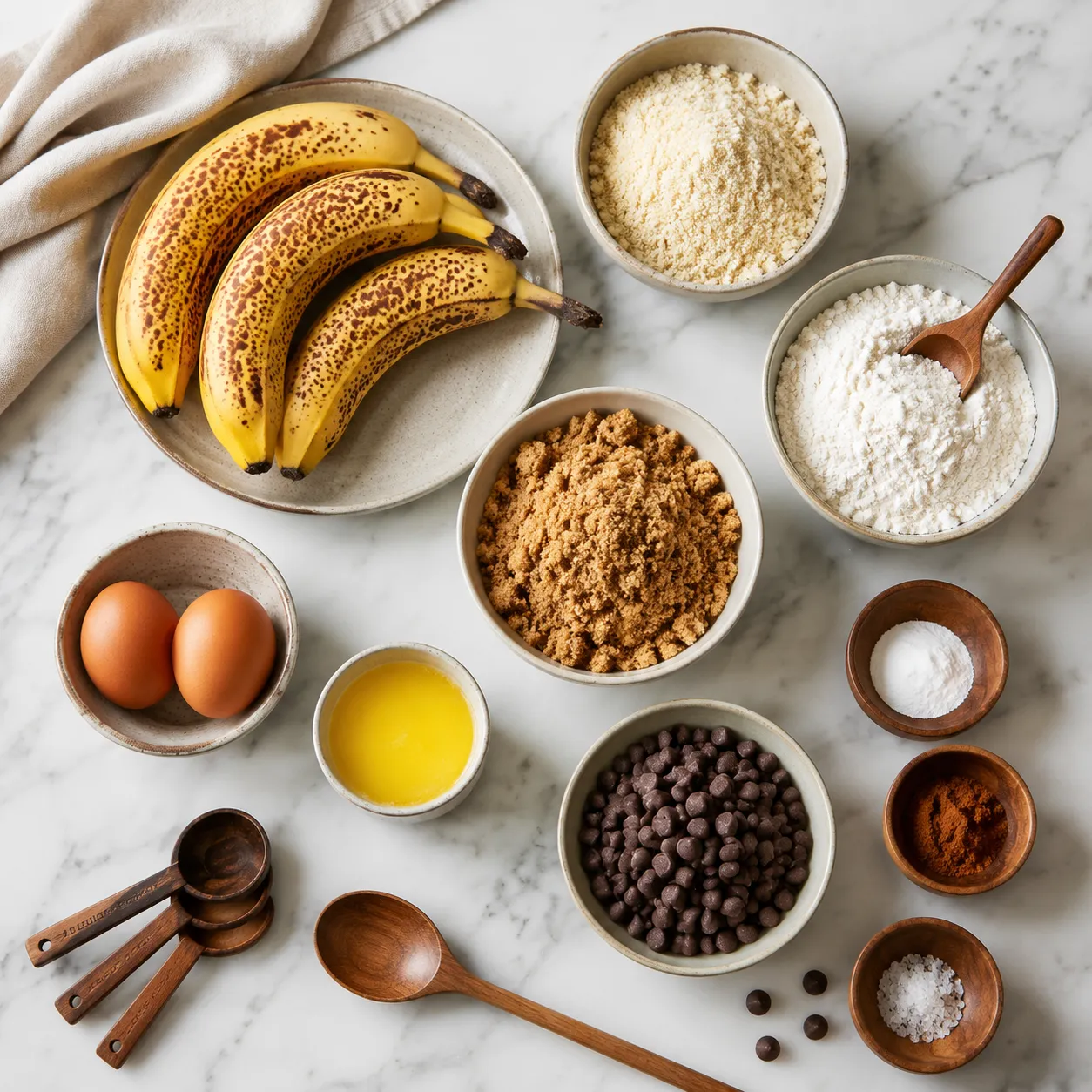Ingredients for banana and muffin recipe including ripe bananas and almond meal