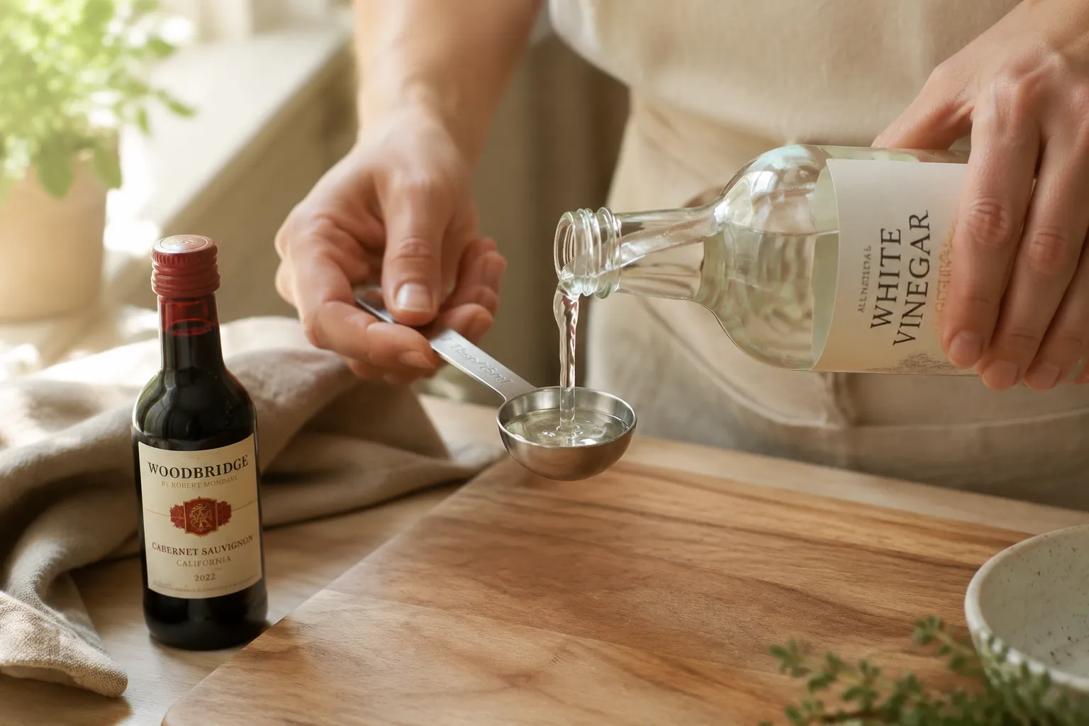 Measuring white vinegar to make a DIY red wine vinegar substitute
