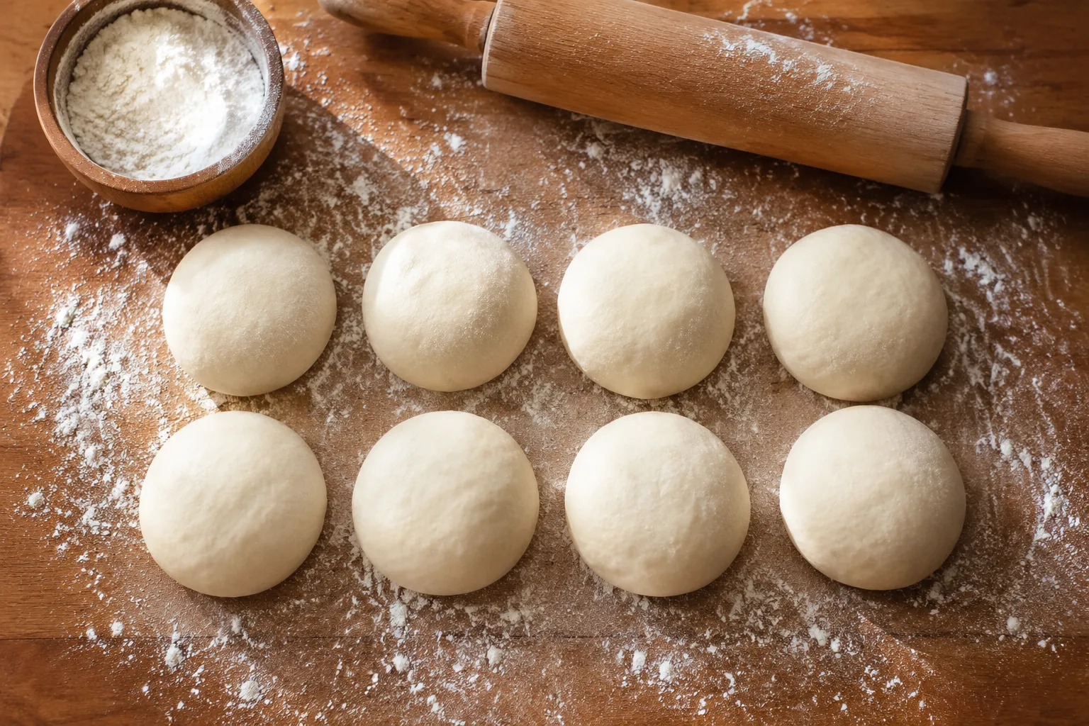 Portioned flatbread dough balls resting on a floured wood board