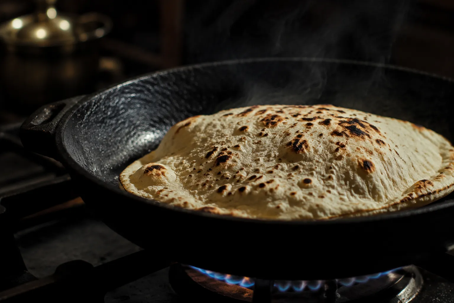 Flatbread bubbling and charring in a hot cast iron skillet
