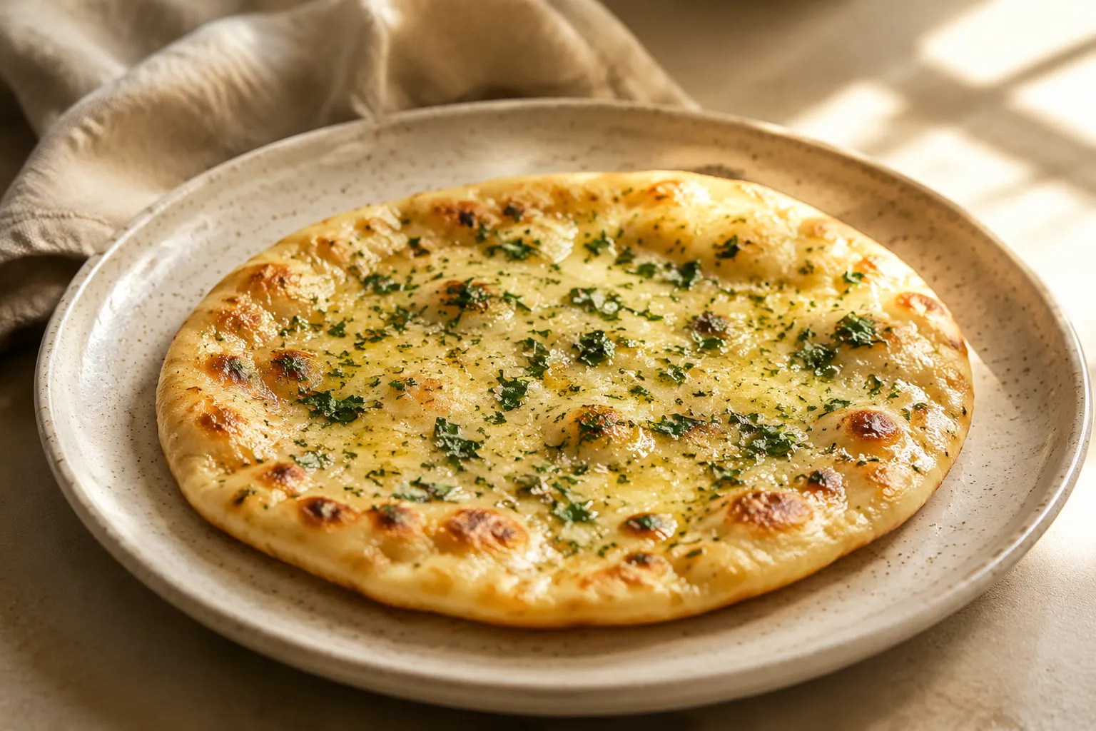 Finished homemade flatbread brushed with garlic herb butter on a ceramic plate