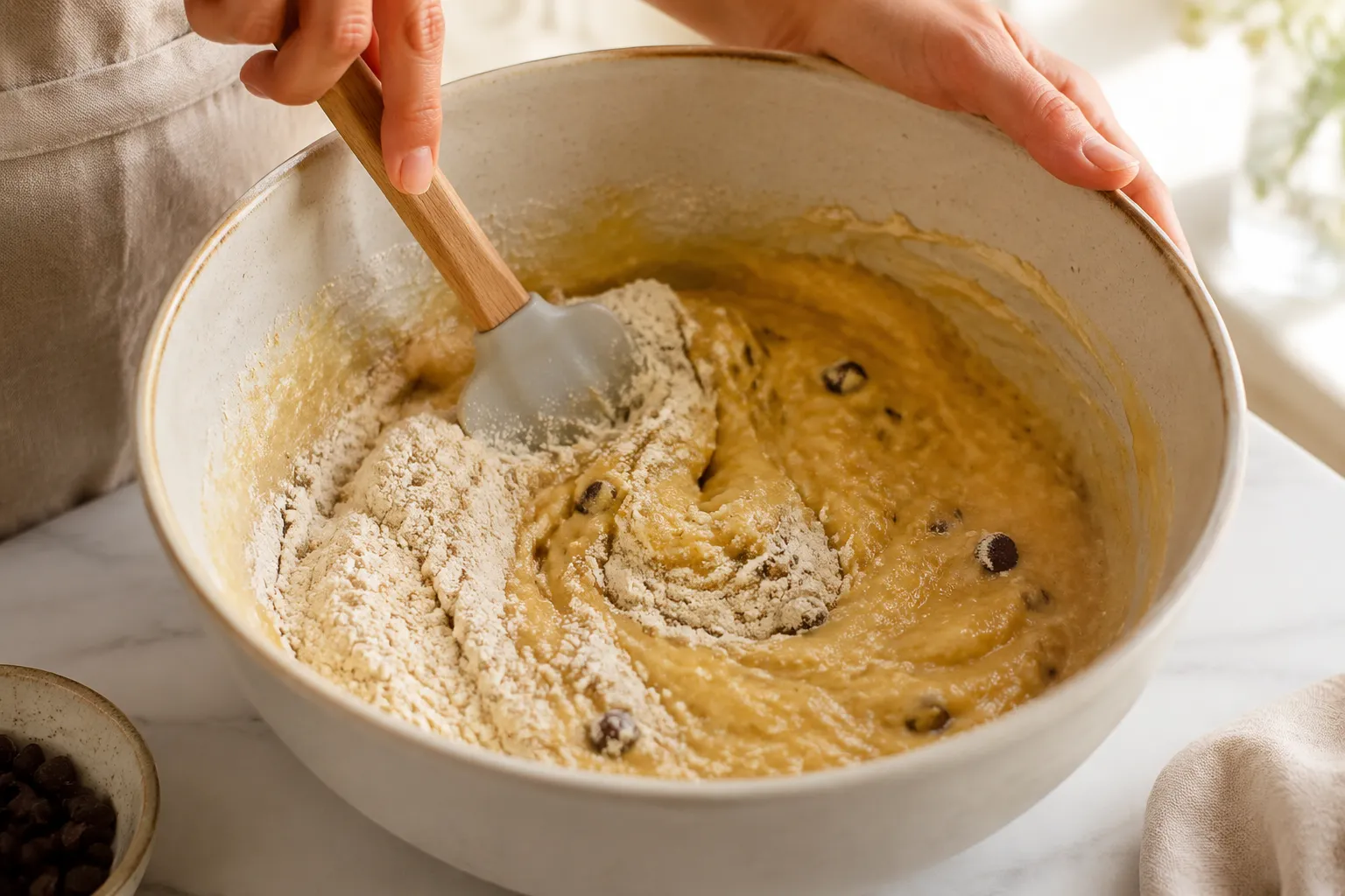 Folding flour into banana muffin batter in a ceramic bowl