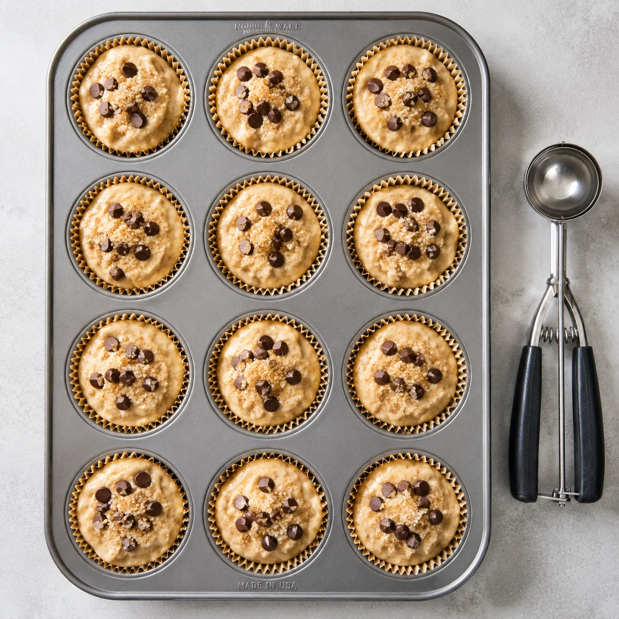 Banana muffin batter scooped into a 12-cup tin ready to bake