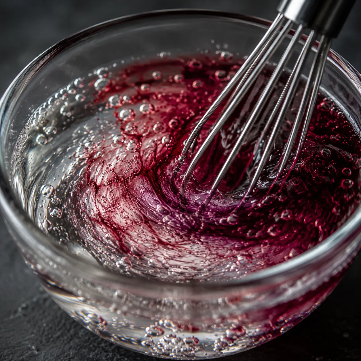 Whisking a homemade red wine vinegar substitute in a glass bowl
