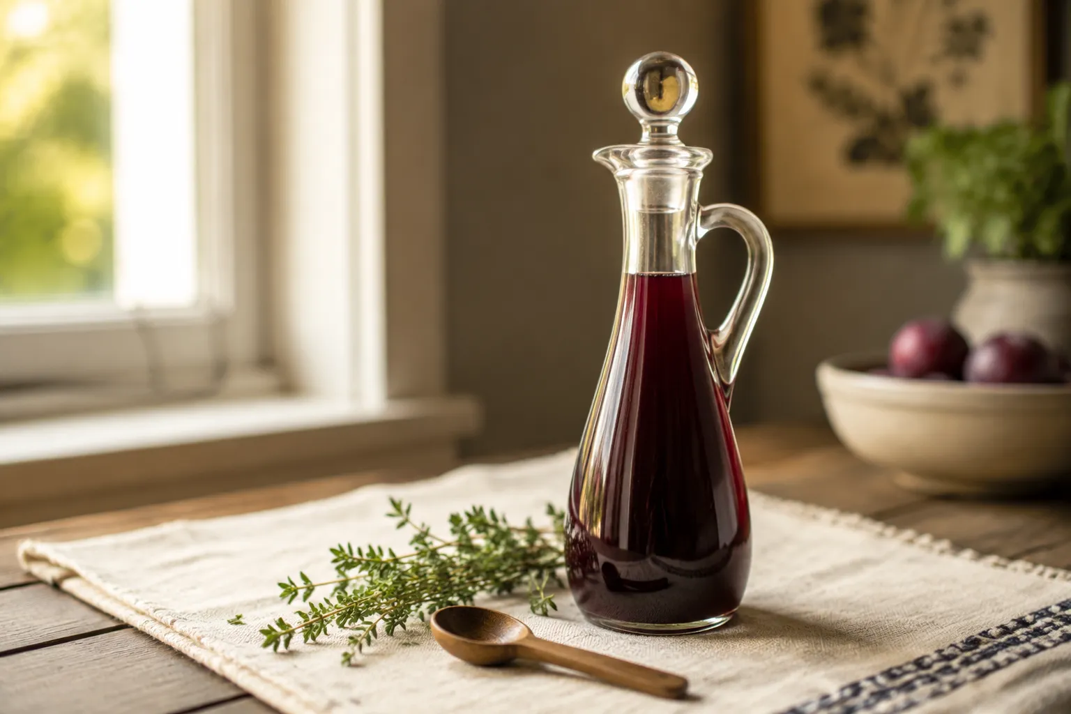 Finished homemade red wine vinegar substitute in a glass cruet