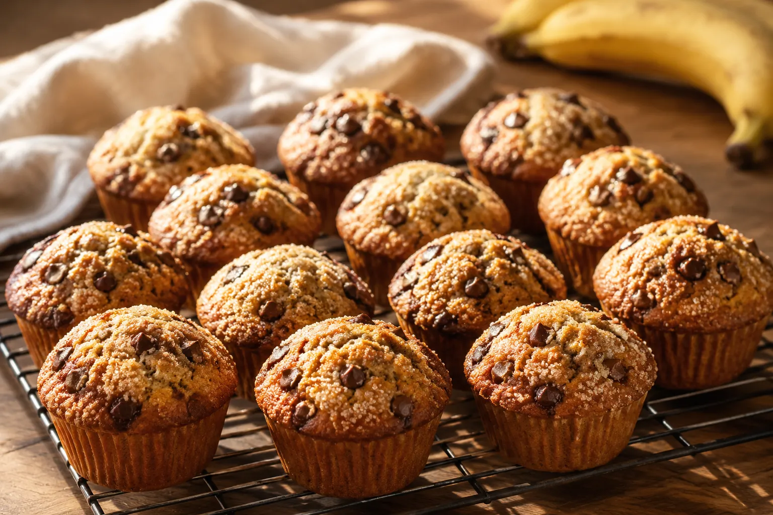 Bakery-style banana muffins with domed tops cooling on a rack