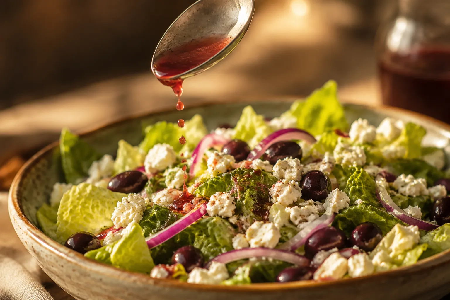 Vinaigrette using a red wine vinegar substitute drizzled over Greek salad
