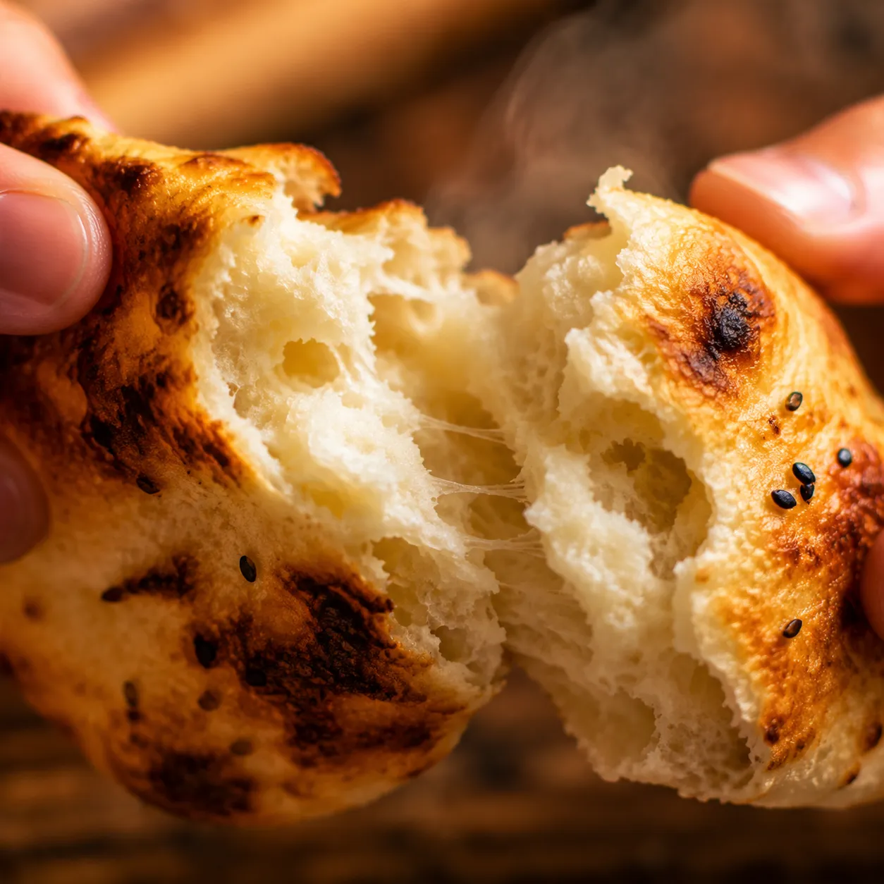 Close-up of soft pillowy flatbread interior being torn open by hand