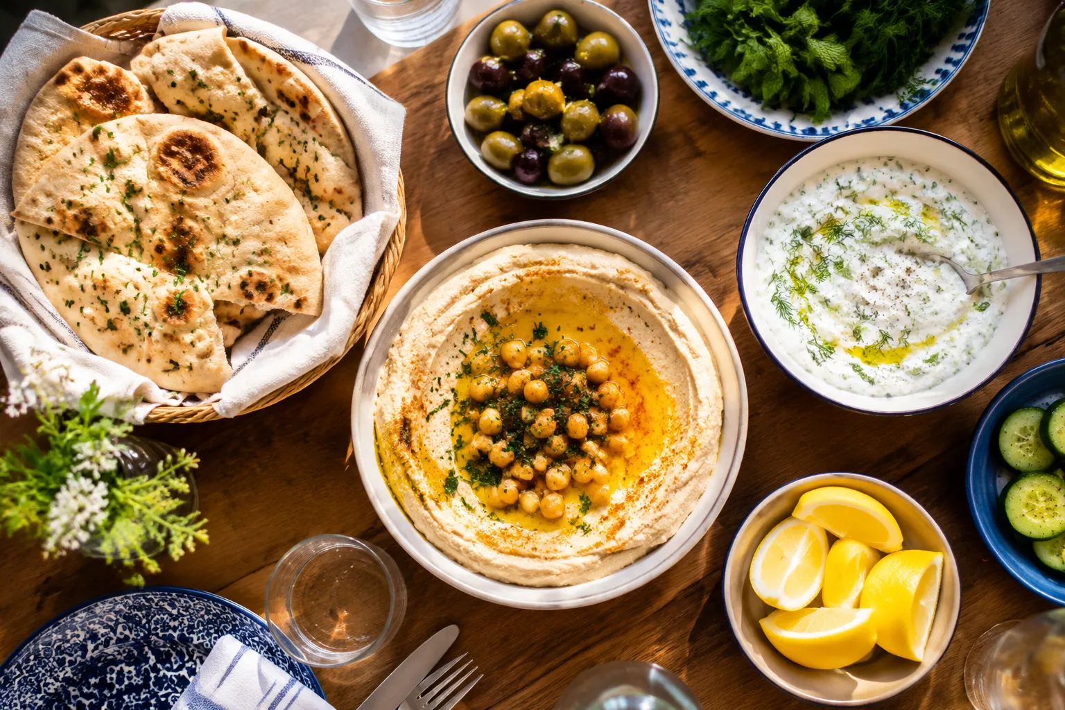 Flatbreads served with hummus, tzatziki, and olives for dipping