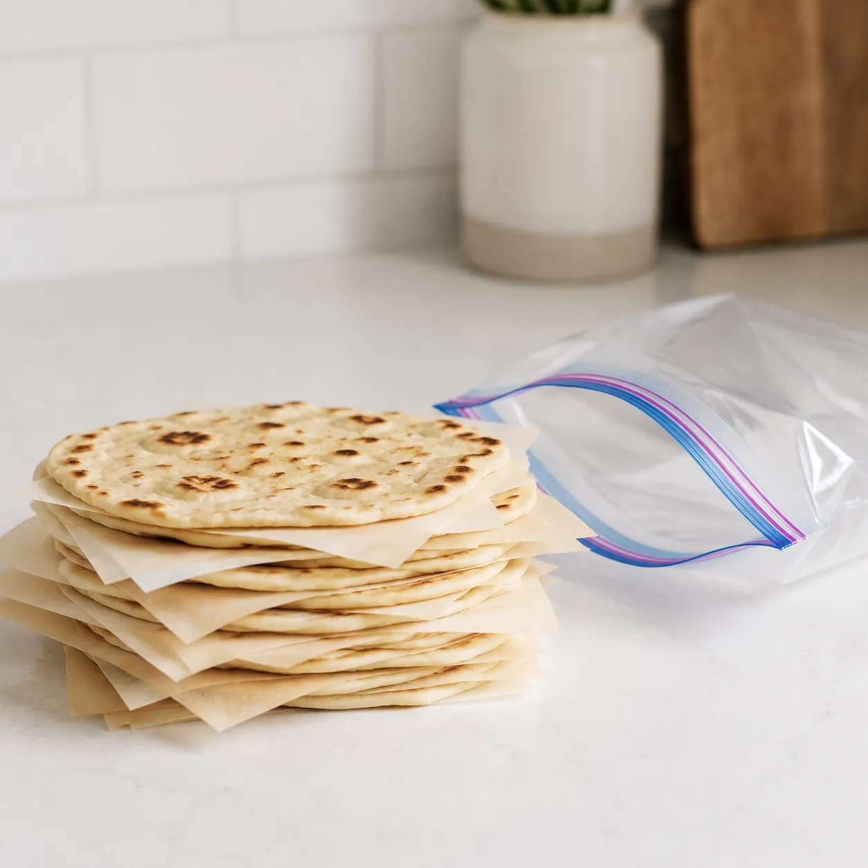 Stacked flatbreads layered with parchment ready for freezer storage